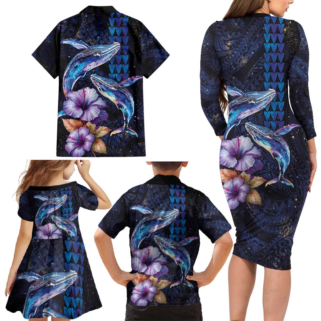 Hawaiian Whales Love Couple Family Matching Long Sleeve Bodycon Dress and Hawaiian Shirt Hibiscus and Kakau Art Tattoo Night Sky Vibe LT03 - Polynesian Pride