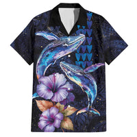 Hawaiian Whales Love Couple Family Matching Long Sleeve Bodycon Dress and Hawaiian Shirt Hibiscus and Kakau Art Tattoo Night Sky Vibe LT03 Dad's Shirt - Short Sleeve Navy - Polynesian Pride