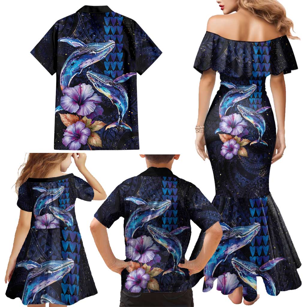 Hawaiian Whales Love Couple Family Matching Mermaid Dress and Hawaiian Shirt Hibiscus and Kakau Art Tattoo Night Sky Vibe LT03 - Polynesian Pride