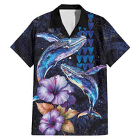 Hawaiian Whales Love Couple Family Matching Mermaid Dress and Hawaiian Shirt Hibiscus and Kakau Art Tattoo Night Sky Vibe LT03 Dad's Shirt - Short Sleeve Navy - Polynesian Pride