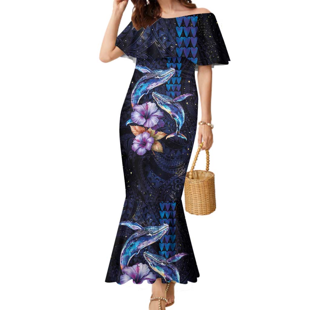 Hawaiian Whales Love Couple Family Matching Mermaid Dress and Hawaiian Shirt Hibiscus and Kakau Art Tattoo Night Sky Vibe LT03 Mom's Dress Navy - Polynesian Pride