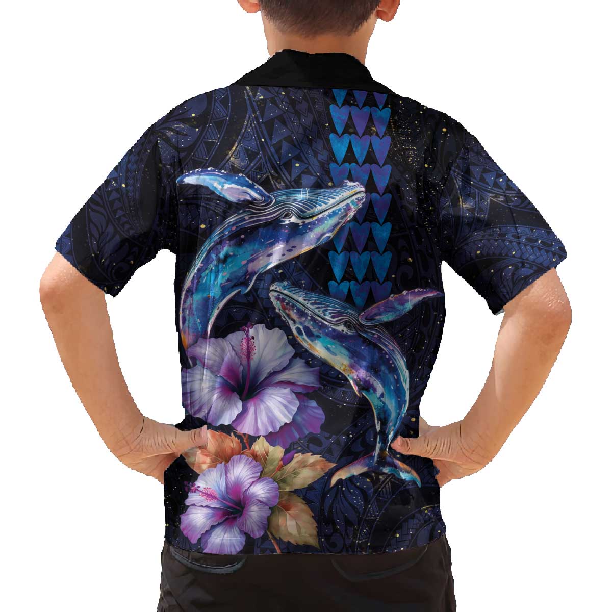 Hawaiian Whales Love Couple Family Matching Off The Shoulder Long Sleeve Dress and Hawaiian Shirt Hibiscus and Kakau Art Tattoo Night Sky Vibe LT03 - Polynesian Pride