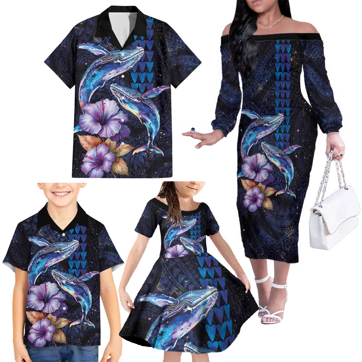 Hawaiian Whales Love Couple Family Matching Off The Shoulder Long Sleeve Dress and Hawaiian Shirt Hibiscus and Kakau Art Tattoo Night Sky Vibe LT03 Navy - Polynesian Pride