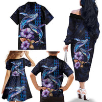 Hawaiian Whales Love Couple Family Matching Off The Shoulder Long Sleeve Dress and Hawaiian Shirt Hibiscus and Kakau Art Tattoo Night Sky Vibe LT03 - Polynesian Pride