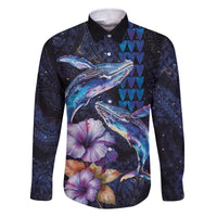 Hawaiian Whales Love Couple Family Matching Off The Shoulder Long Sleeve Dress and Hawaiian Shirt Hibiscus and Kakau Art Tattoo Night Sky Vibe LT03 - Polynesian Pride
