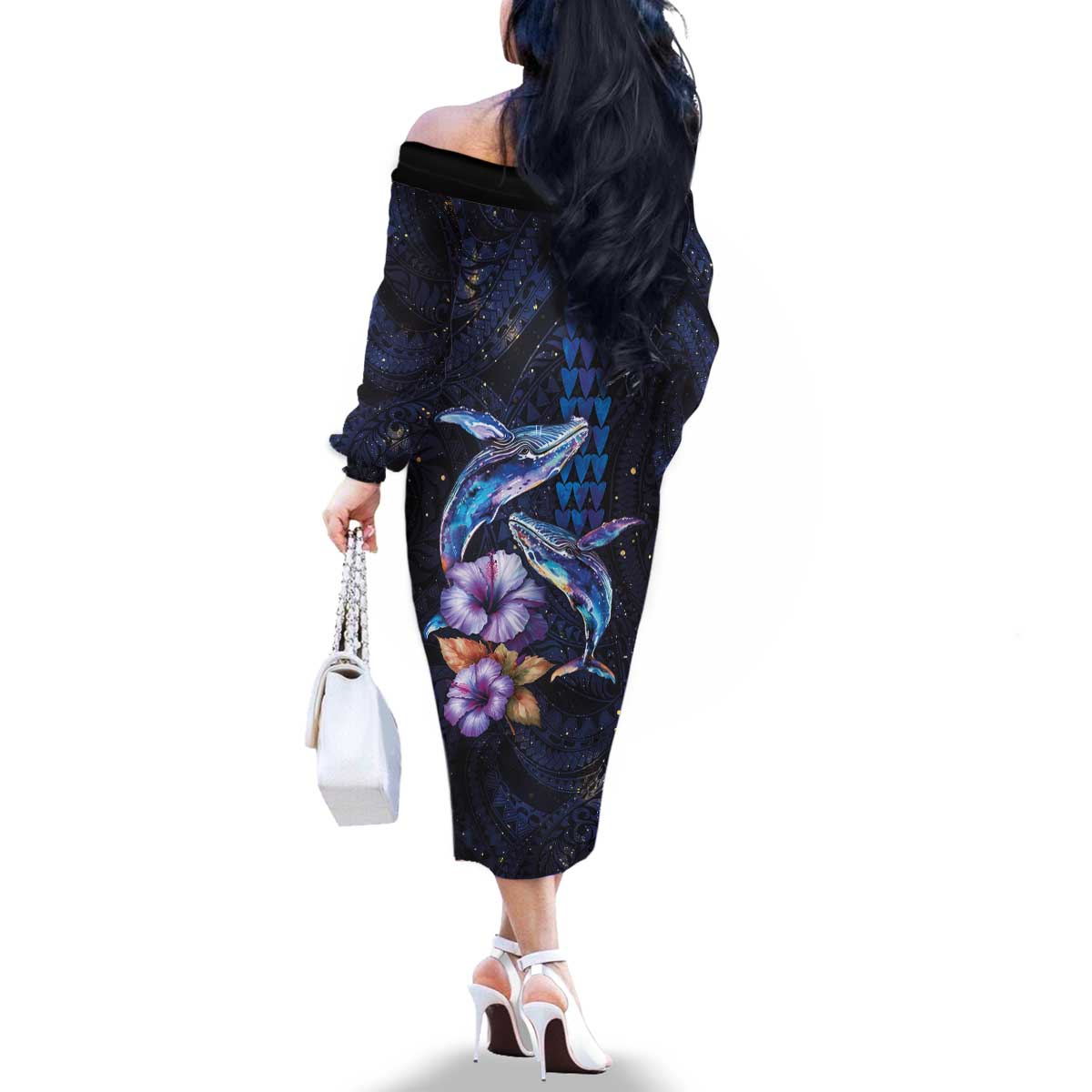 Hawaiian Whales Love Couple Family Matching Off The Shoulder Long Sleeve Dress and Hawaiian Shirt Hibiscus and Kakau Art Tattoo Night Sky Vibe LT03 - Polynesian Pride