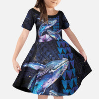 Hawaiian Whales Love Couple Family Matching Off Shoulder Maxi Dress and Hawaiian Shirt Hibiscus and Kakau Art Tattoo Night Sky Vibe LT03 Daughter's Dress Navy - Polynesian Pride