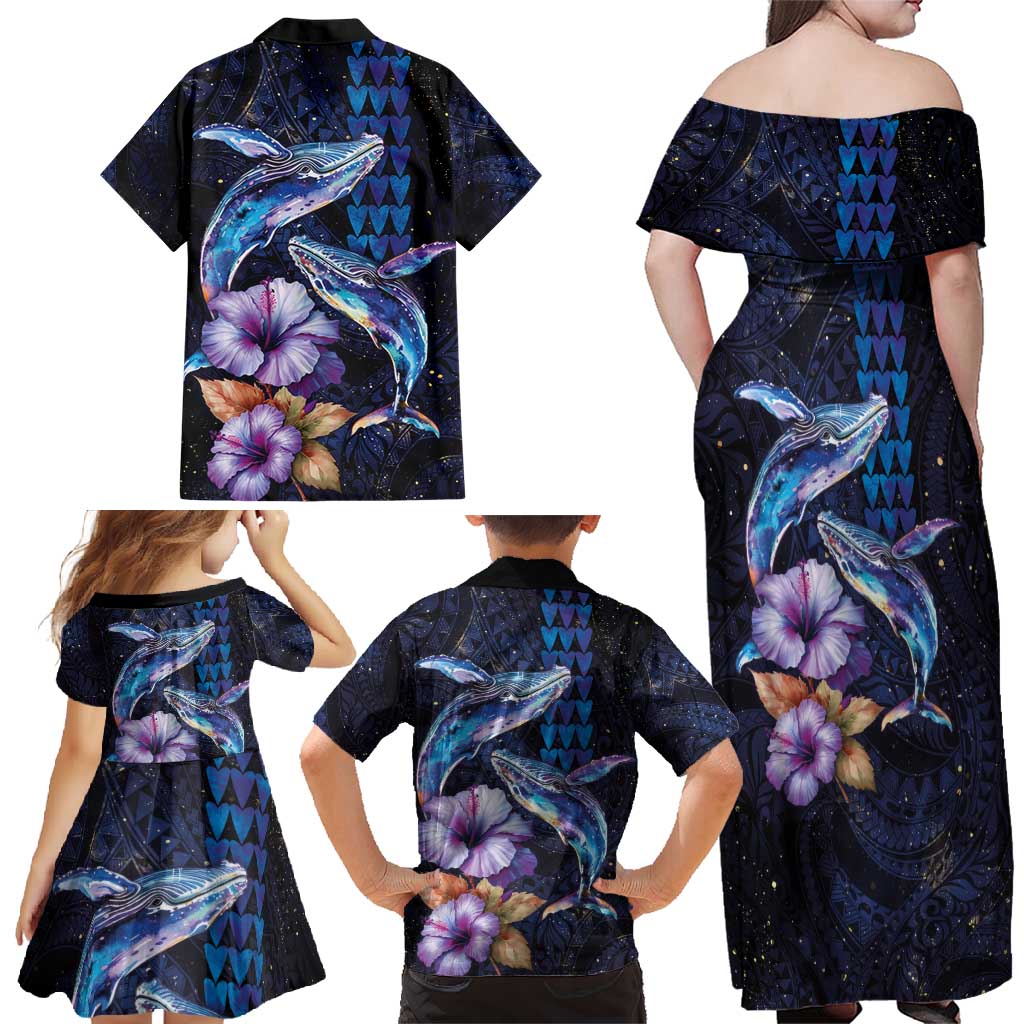 Hawaiian Whales Love Couple Family Matching Off Shoulder Maxi Dress and Hawaiian Shirt Hibiscus and Kakau Art Tattoo Night Sky Vibe LT03 - Polynesian Pride