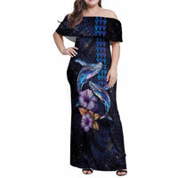 Hawaiian Whales Love Couple Family Matching Off Shoulder Maxi Dress and Hawaiian Shirt Hibiscus and Kakau Art Tattoo Night Sky Vibe LT03 Mom's Dress Navy - Polynesian Pride