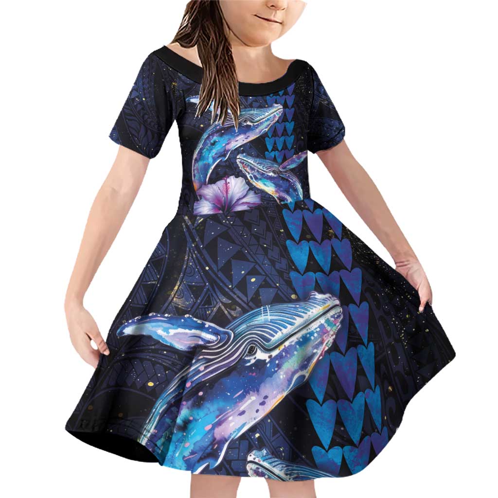 Hawaiian Whales Love Couple Family Matching Off Shoulder Short Dress and Hawaiian Shirt Hibiscus and Kakau Art Tattoo Night Sky Vibe LT03 Daughter's Dress Navy - Polynesian Pride