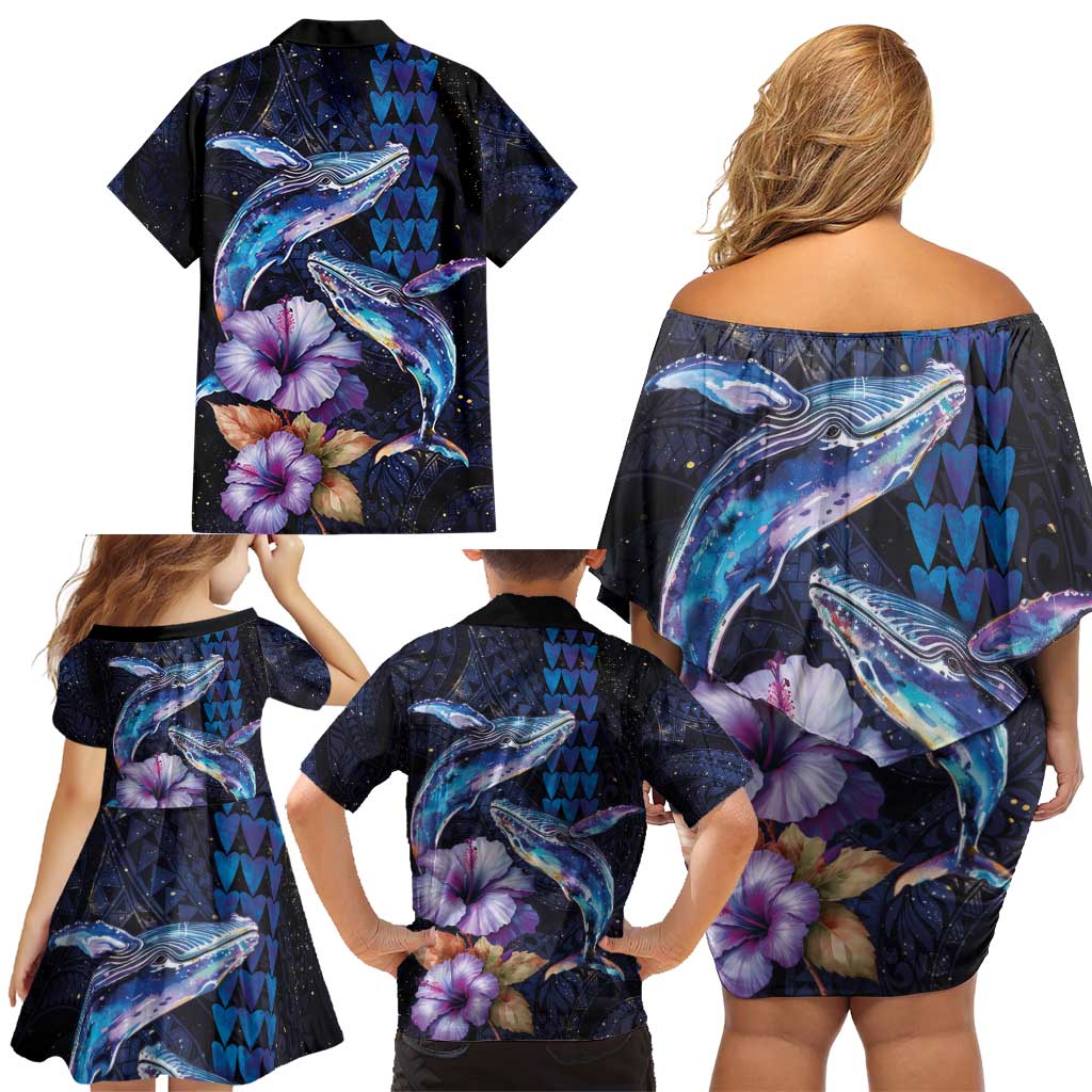 Hawaiian Whales Love Couple Family Matching Off Shoulder Short Dress and Hawaiian Shirt Hibiscus and Kakau Art Tattoo Night Sky Vibe LT03 - Polynesian Pride