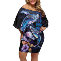 Hawaiian Whales Love Couple Family Matching Off Shoulder Short Dress and Hawaiian Shirt Hibiscus and Kakau Art Tattoo Night Sky Vibe LT03 Mom's Dress Navy - Polynesian Pride