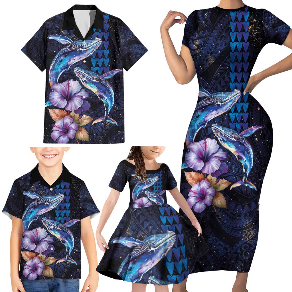 Hawaiian Whales Love Couple Family Matching Short Sleeve Bodycon Dress and Hawaiian Shirt Hibiscus and Kakau Art Tattoo Night Sky Vibe LT03 - Polynesian Pride