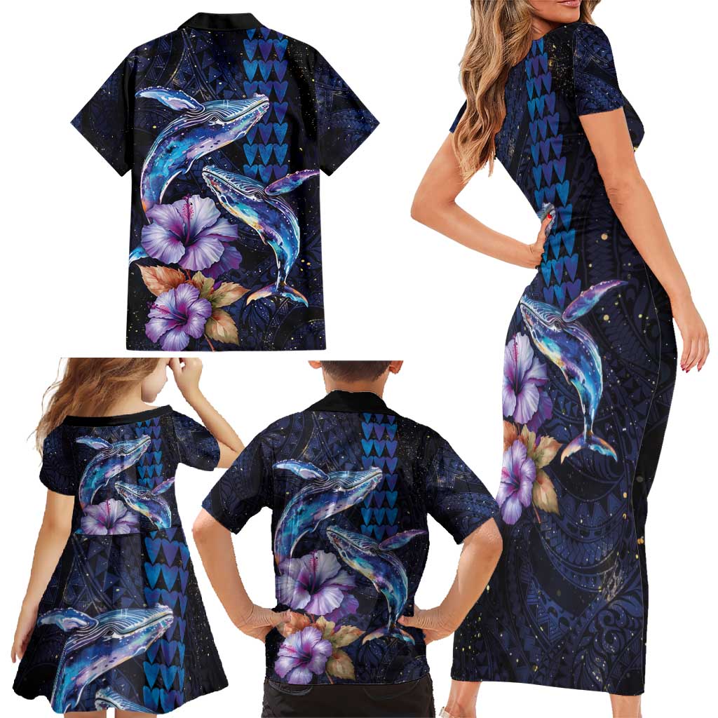 Hawaiian Whales Love Couple Family Matching Short Sleeve Bodycon Dress and Hawaiian Shirt Hibiscus and Kakau Art Tattoo Night Sky Vibe LT03 - Polynesian Pride
