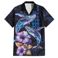 Hawaiian Whales Love Couple Family Matching Short Sleeve Bodycon Dress and Hawaiian Shirt Hibiscus and Kakau Art Tattoo Night Sky Vibe LT03 Dad's Shirt - Short Sleeve Navy - Polynesian Pride