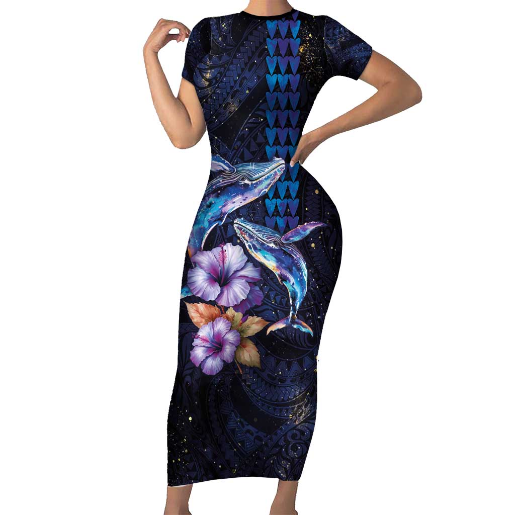 Hawaiian Whales Love Couple Family Matching Short Sleeve Bodycon Dress and Hawaiian Shirt Hibiscus and Kakau Art Tattoo Night Sky Vibe LT03 Mom's Dress Navy - Polynesian Pride