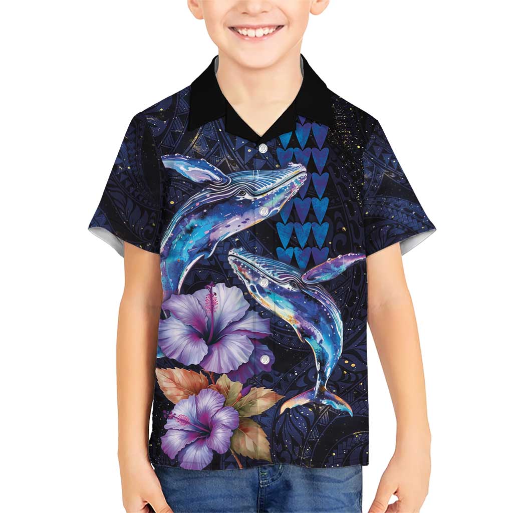 Hawaiian Whales Love Couple Family Matching Short Sleeve Bodycon Dress and Hawaiian Shirt Hibiscus and Kakau Art Tattoo Night Sky Vibe LT03 Son's Shirt Navy - Polynesian Pride