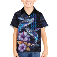 Hawaiian Whales Love Couple Family Matching Summer Maxi Dress and Hawaiian Shirt Hibiscus and Kakau Art Tattoo Night Sky Vibe LT03 Son's Shirt Navy - Polynesian Pride