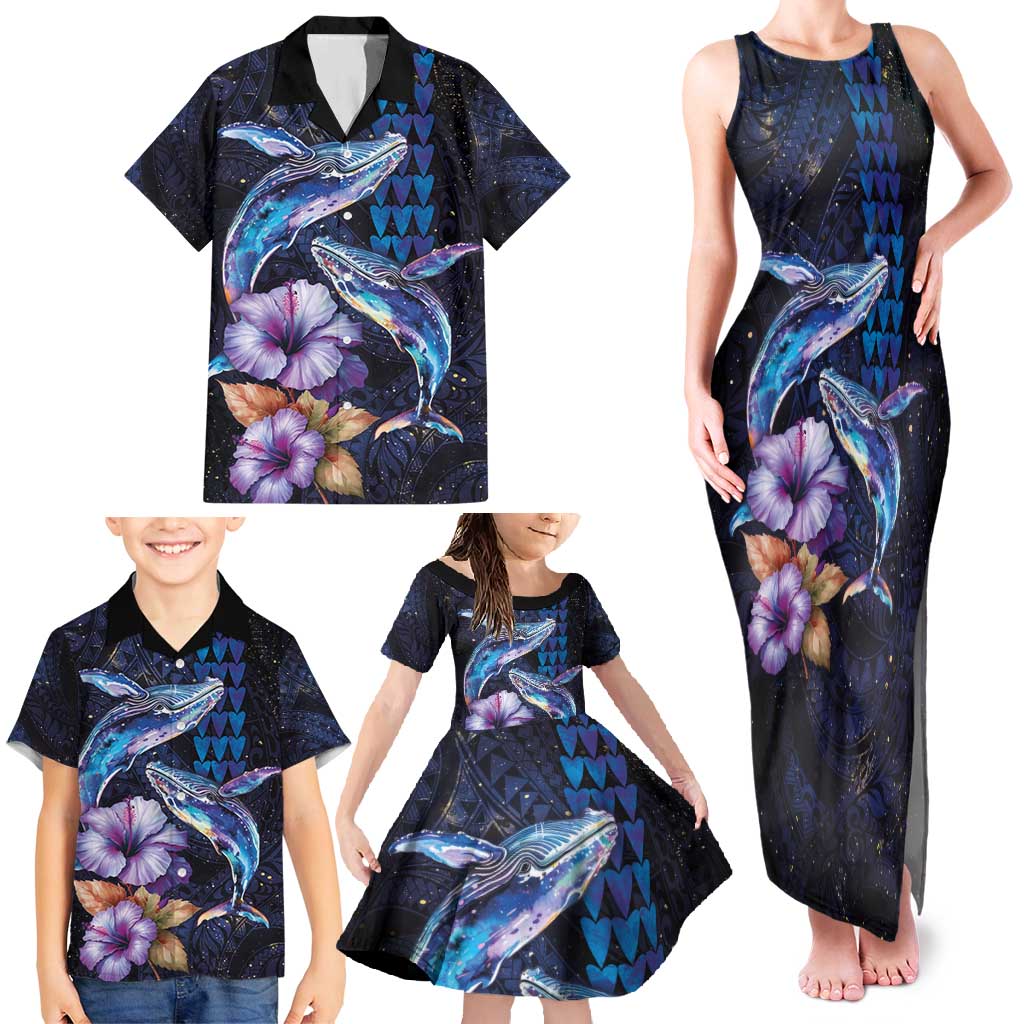 Hawaiian Whales Love Couple Family Matching Tank Maxi Dress and Hawaiian Shirt Hibiscus and Kakau Art Tattoo Night Sky Vibe LT03 - Polynesian Pride