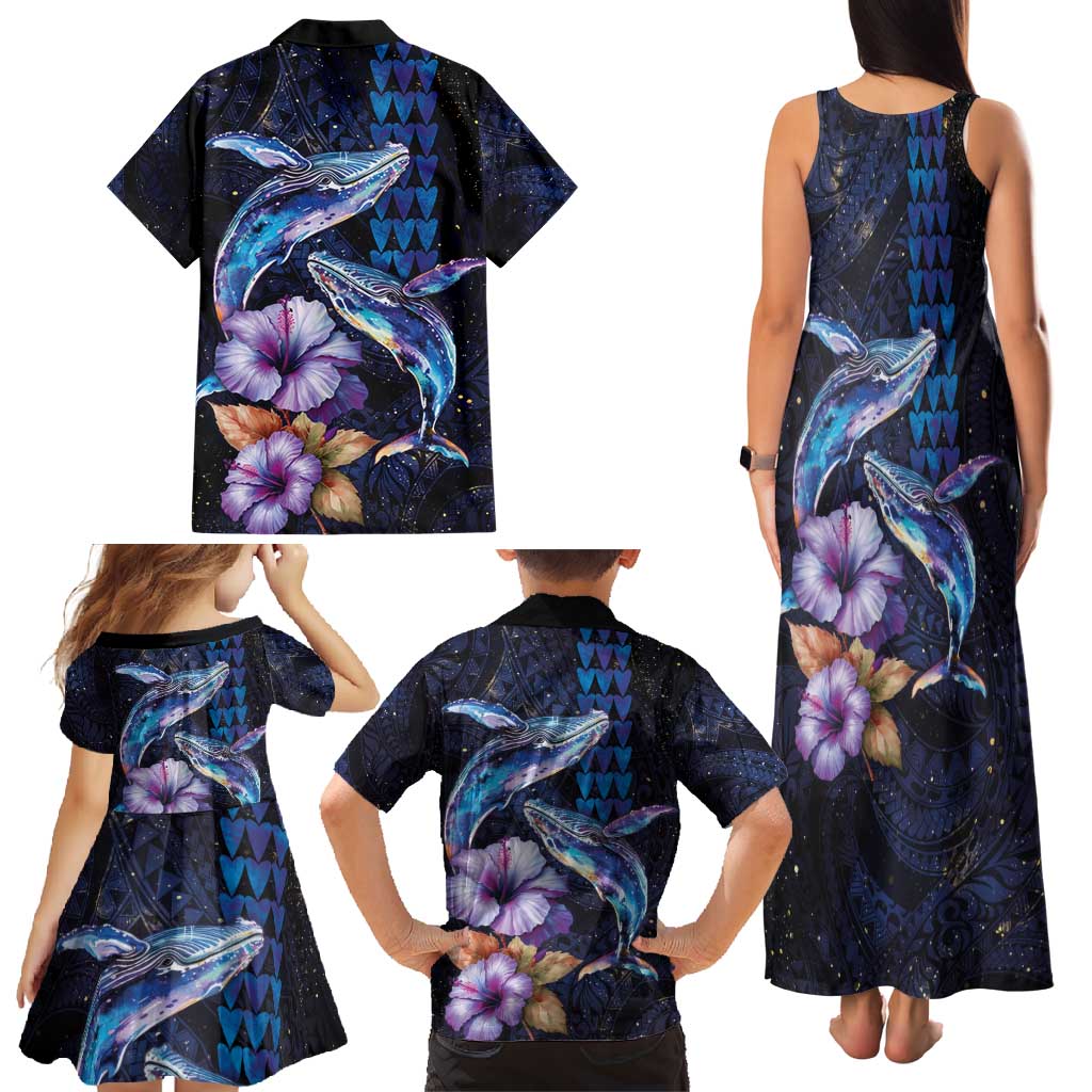 Hawaiian Whales Love Couple Family Matching Tank Maxi Dress and Hawaiian Shirt Hibiscus and Kakau Art Tattoo Night Sky Vibe LT03 - Polynesian Pride