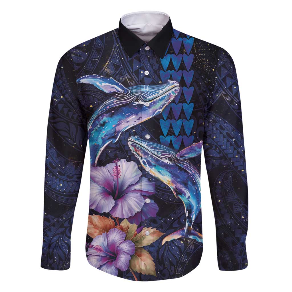 Hawaiian Whales Love Couple Family Matching Tank Maxi Dress and Hawaiian Shirt Hibiscus and Kakau Art Tattoo Night Sky Vibe LT03 Dad's Shirt - Long Sleeve Navy - Polynesian Pride