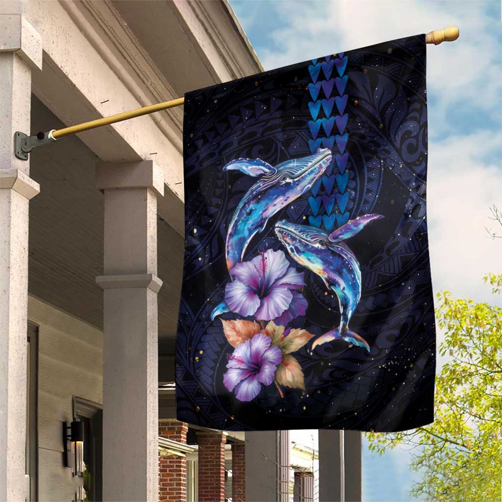 Hawaiian Whales Love Couple Garden Flag Hibiscus and Kakau Art Tattoo Night Sky Vibe LT03 House Flag Navy - Polynesian Pride