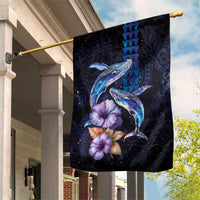 Hawaiian Whales Love Couple Garden Flag Hibiscus and Kakau Art Tattoo Night Sky Vibe LT03 House Flag Navy - Polynesian Pride