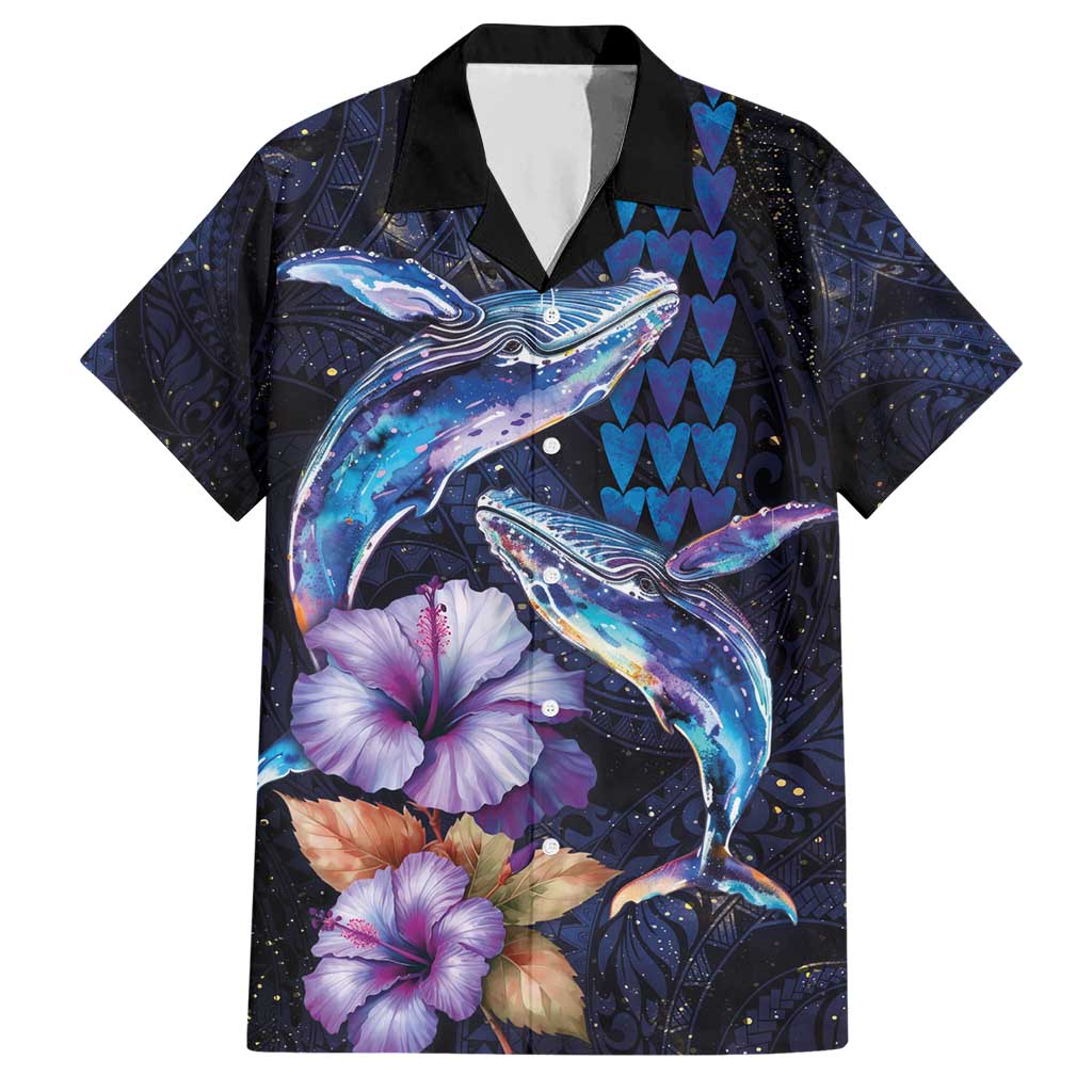 Hawaiian Whales Love Couple Hawaiian Shirt Hibiscus and Kakau Art Tattoo Night Sky Vibe LT03 Navy - Polynesian Pride