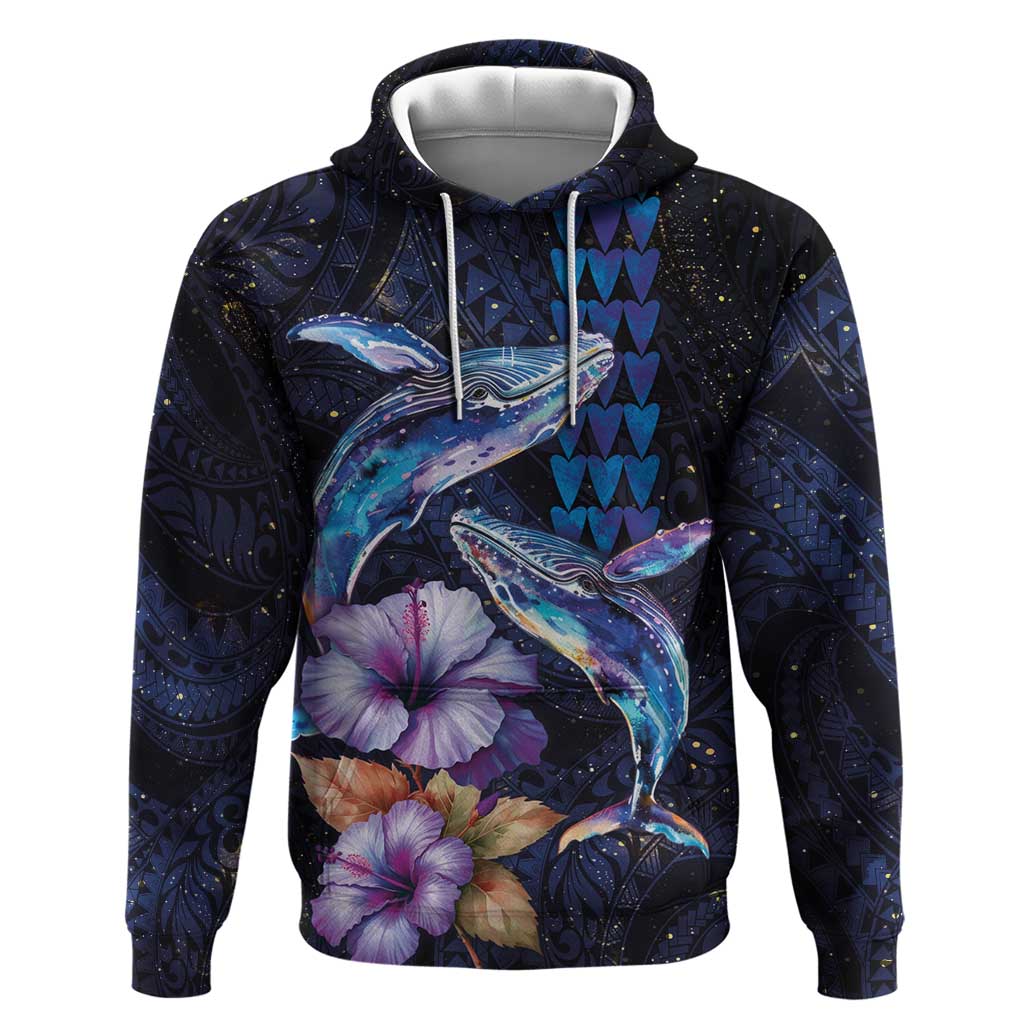 Hawaiian Whales Love Couple Hoodie Hibiscus and Kakau Art Tattoo Night Sky Vibe LT03 Pullover Hoodie Navy - Polynesian Pride