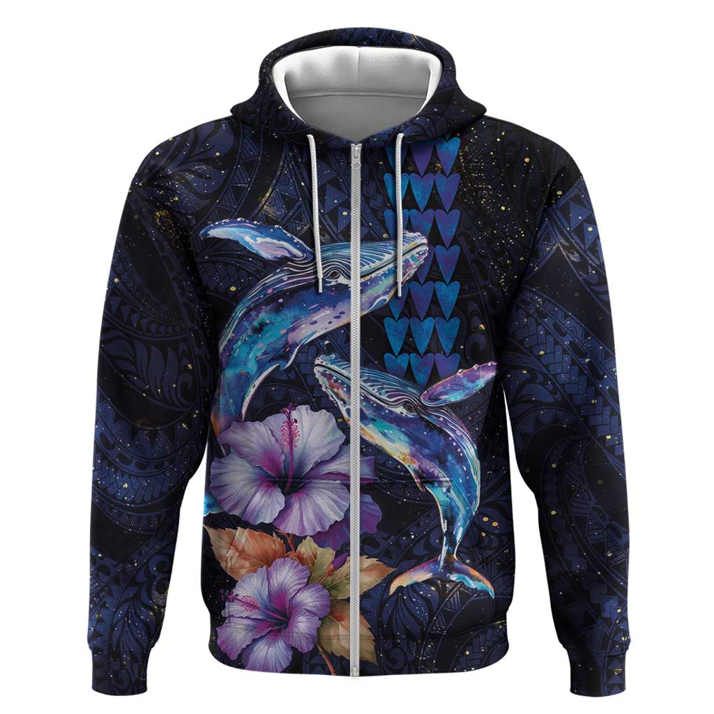 Hawaiian Whales Love Couple Hoodie Hibiscus and Kakau Art Tattoo Night Sky Vibe LT03 Zip Hoodie Navy - Polynesian Pride