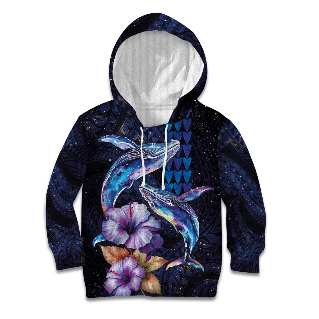 Hawaiian Whales Love Couple Kid Hoodie Hibiscus and Kakau Art Tattoo Night Sky Vibe LT03 Hoodie Navy - Polynesian Pride
