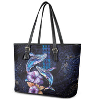 Hawaiian Whales Love Couple Leather Tote Bag Hibiscus and Kakau Art Tattoo Night Sky Vibe