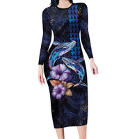 Hawaiian Whales Love Couple Long Sleeve Bodycon Dress Hibiscus and Kakau Art Tattoo Night Sky Vibe LT03 Long Dress Navy - Polynesian Pride