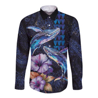 Hawaiian Whales Love Couple Long Sleeve Button Shirt Hibiscus and Kakau Art Tattoo Night Sky Vibe LT03 Unisex Navy - Polynesian Pride