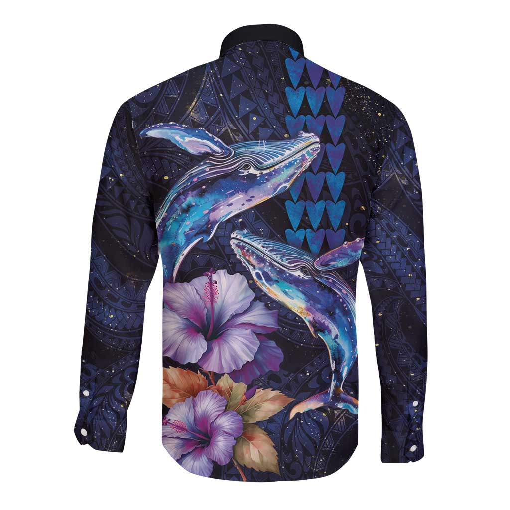 Hawaiian Whales Love Couple Long Sleeve Button Shirt Hibiscus and Kakau Art Tattoo Night Sky Vibe LT03 - Polynesian Pride