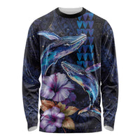 Hawaiian Whales Love Couple Long Sleeve Shirt Hibiscus and Kakau Art Tattoo Night Sky Vibe LT03 Unisex Navy - Polynesian Pride