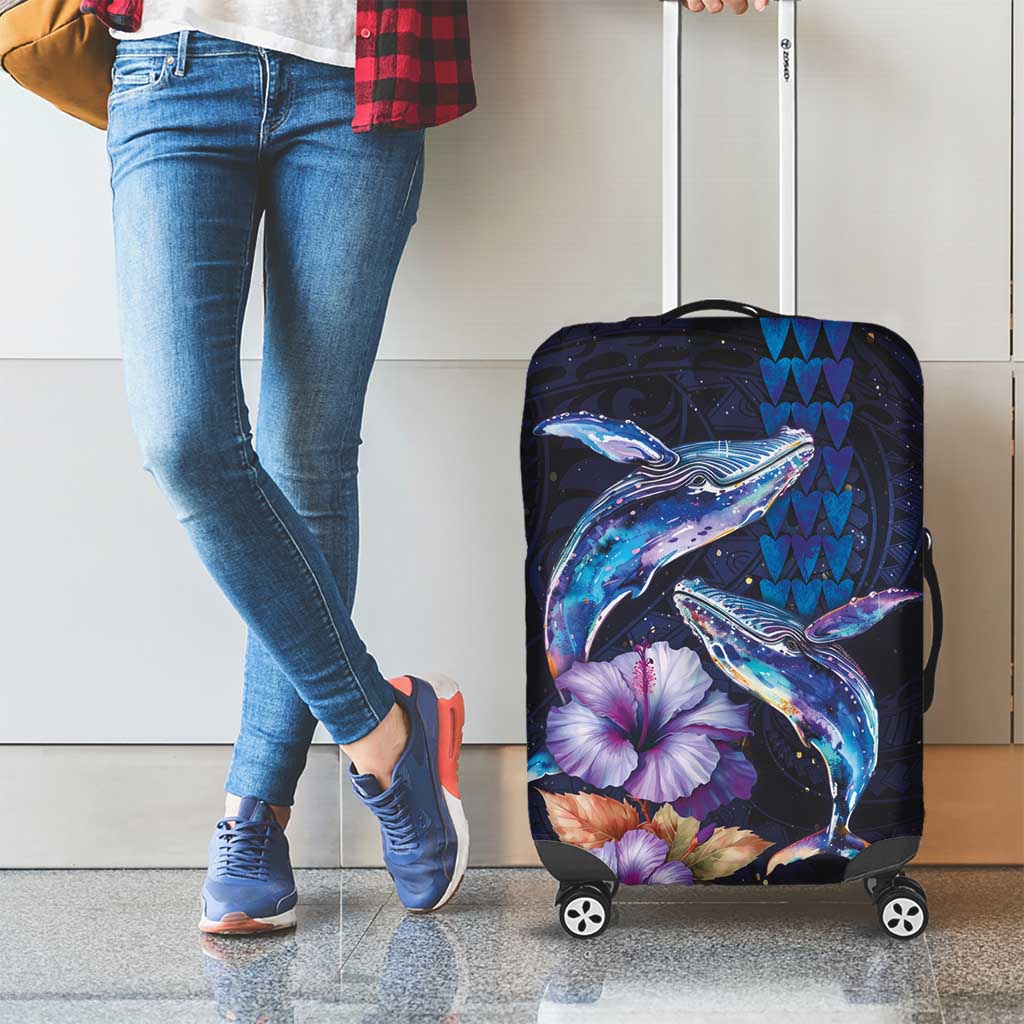 Hawaiian Whales Love Couple Luggage Cover Hibiscus and Kakau Art Tattoo Night Sky Vibe LT03 - Polynesian Pride