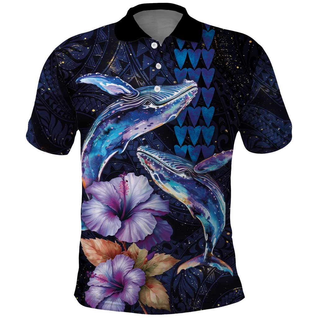 Hawaiian Whales Love Couple Polo Shirt Hibiscus and Kakau Art Tattoo Night Sky Vibe LT03 Navy - Polynesian Pride