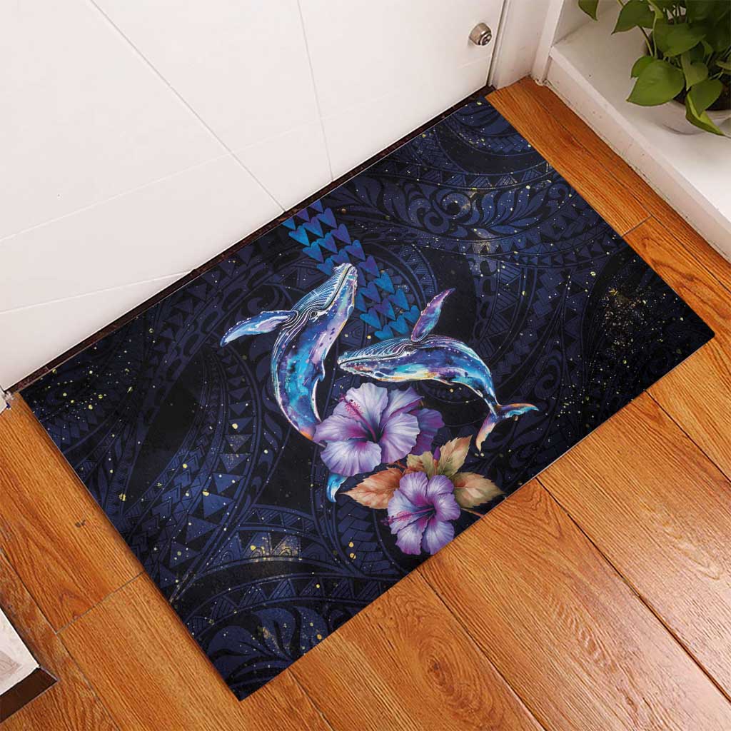 Hawaiian Whales Love Couple Rubber Doormat Hibiscus and Kakau Art Tattoo Night Sky Vibe