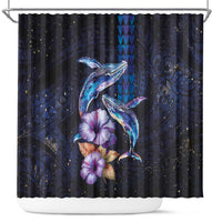 Hawaiian Whales Love Couple Shower Curtain Hibiscus and Kakau Art Tattoo Night Sky Vibe LT03 Navy - Polynesian Pride