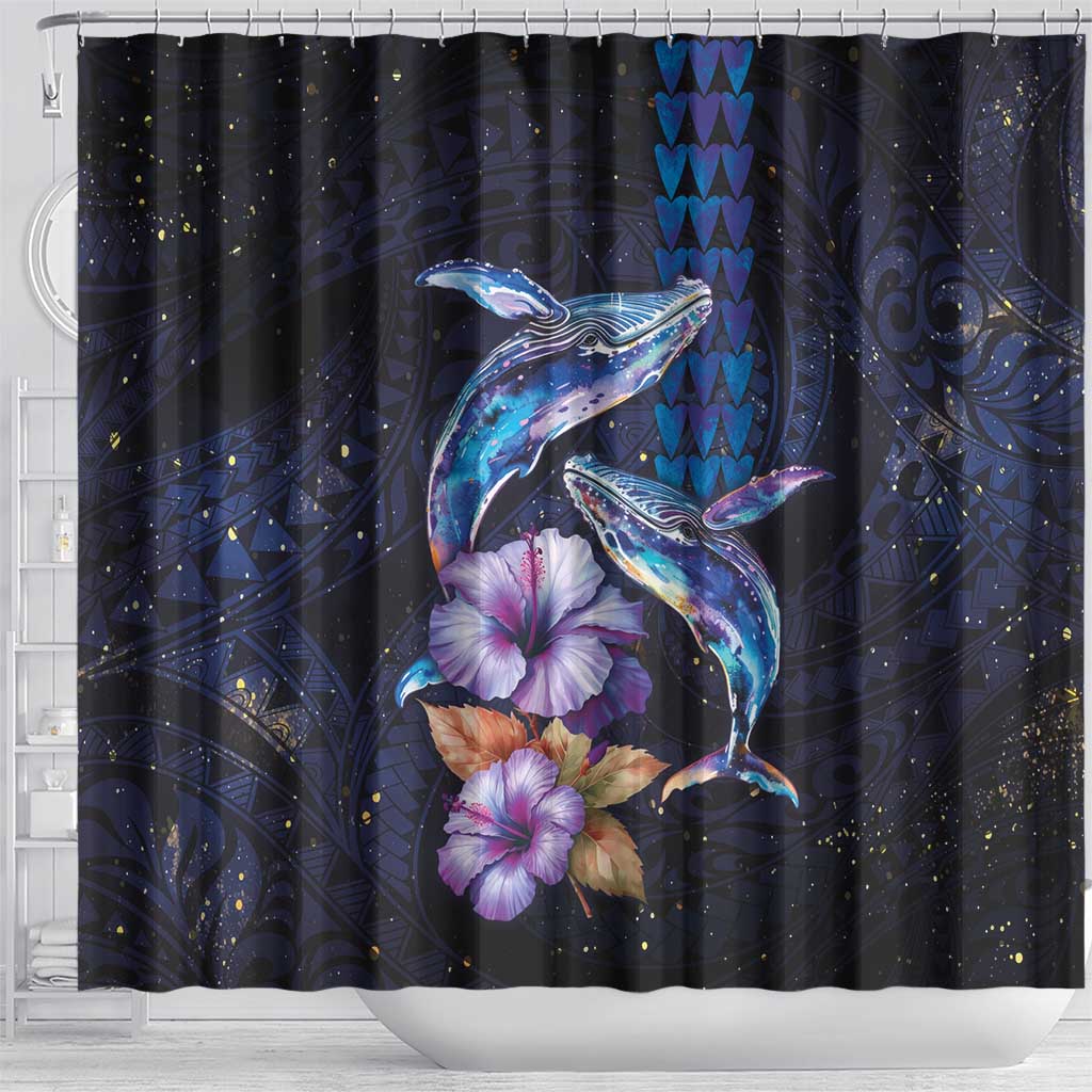 Hawaiian Whales Love Couple Shower Curtain Hibiscus and Kakau Art Tattoo Night Sky Vibe LT03 - Polynesian Pride