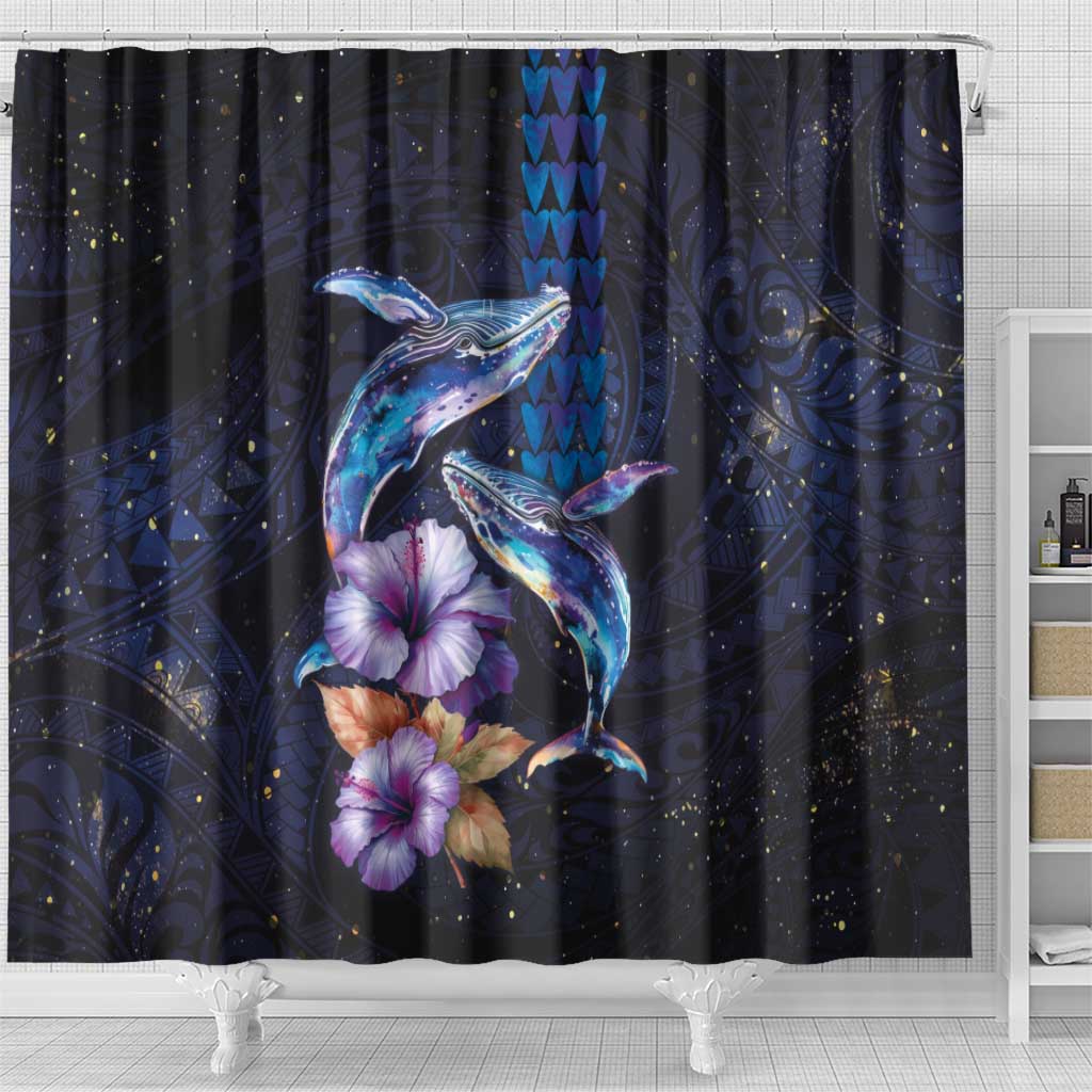 Hawaiian Whales Love Couple Shower Curtain Hibiscus and Kakau Art Tattoo Night Sky Vibe LT03 - Polynesian Pride
