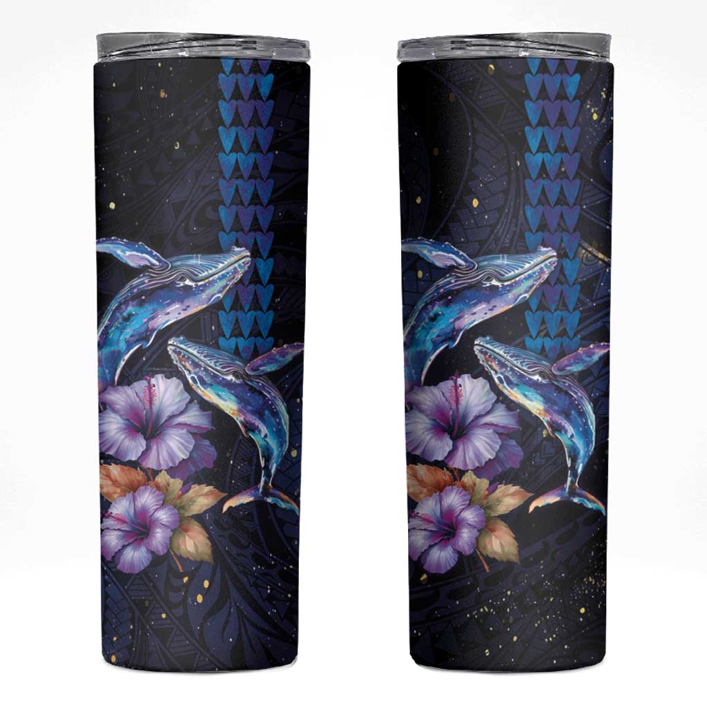 Hawaiian Whales Love Couple Skinny Tumbler Hibiscus and Kakau Art Tattoo Night Sky Vibe LT03 Navy - Polynesian Pride