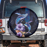 Hawaiian Whales Love Couple Spare Tire Cover Hibiscus and Kakau Art Tattoo Night Sky Vibe LT03 Navy - Polynesian Pride