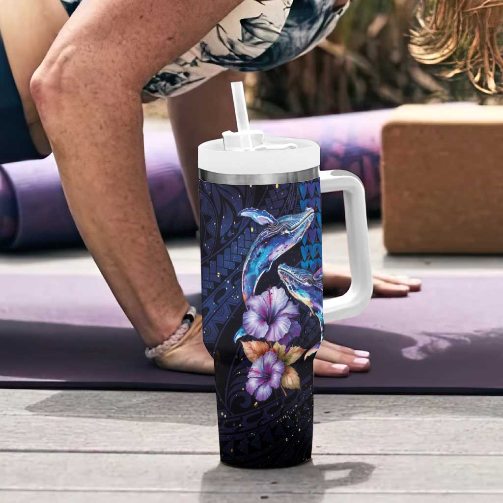 Hawaiian Whales Love Couple Tumbler With Handle Hibiscus and Kakau Art Tattoo Night Sky Vibe LT03 - Polynesian Pride