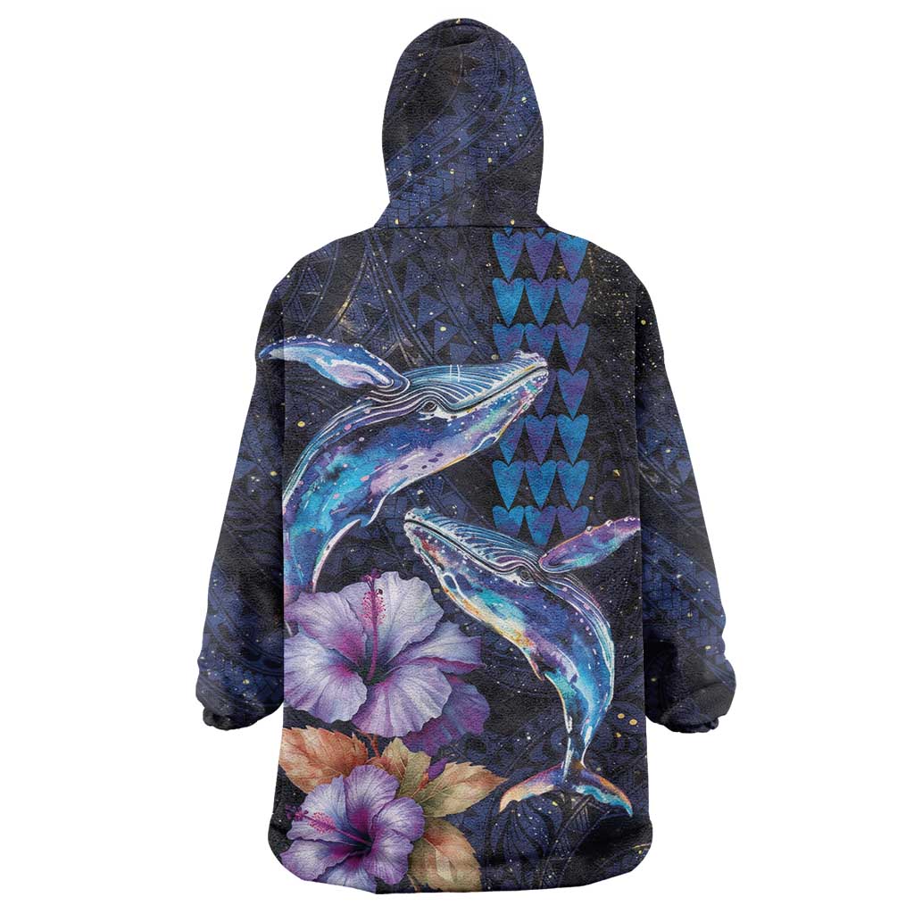 Hawaiian Whales Love Couple Wearable Blanket Hoodie Hibiscus and Kakau Art Tattoo Night Sky Vibe LT03 - Polynesian Pride
