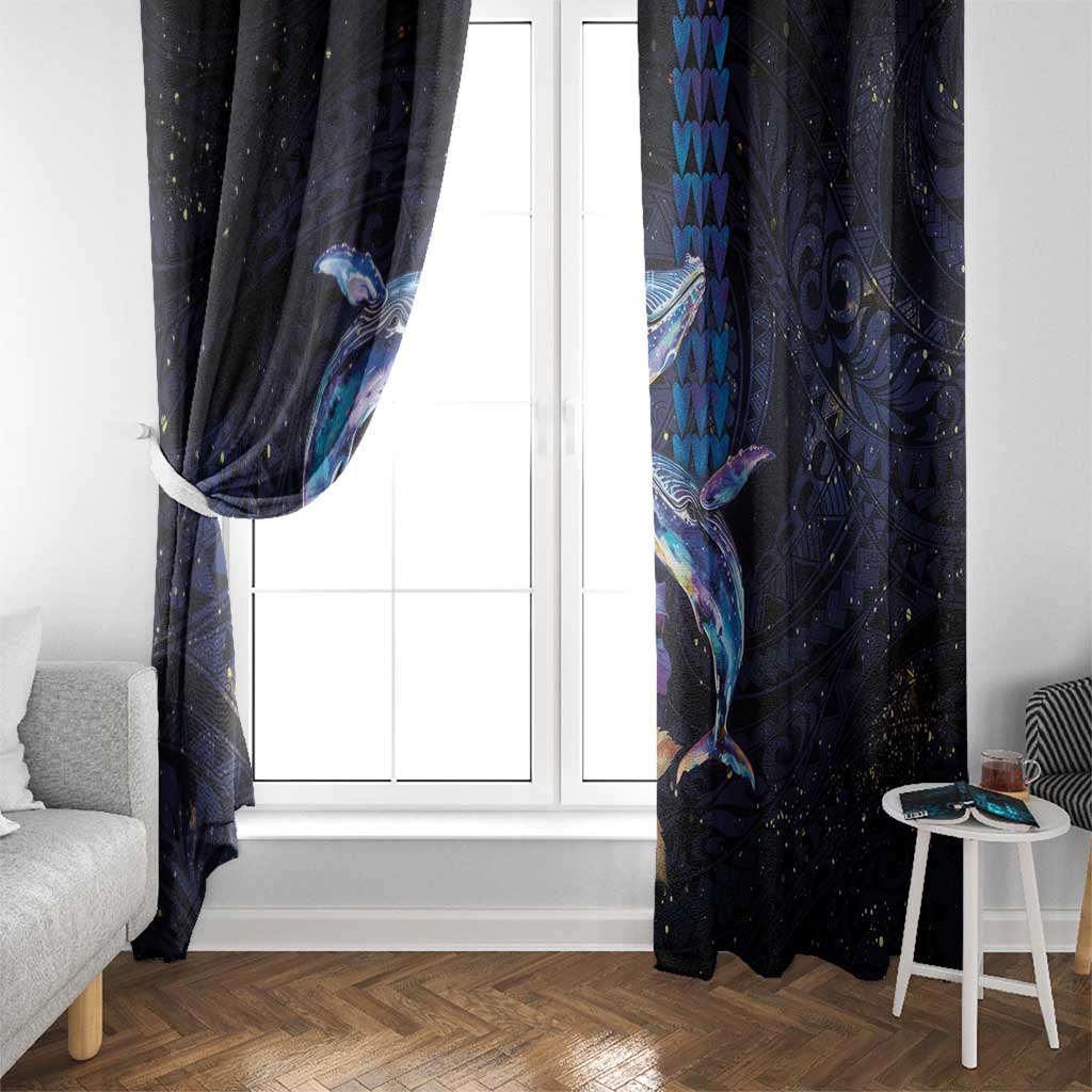 Hawaiian Whales Love Couple Window Curtain Hibiscus and Kakau Art Tattoo Night Sky Vibe