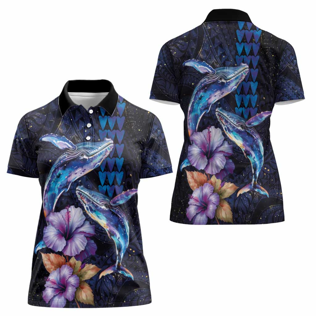 Hawaiian Whales Love Couple Women Polo Shirt Hibiscus and Kakau Art Tattoo Night Sky Vibe LT03 - Polynesian Pride