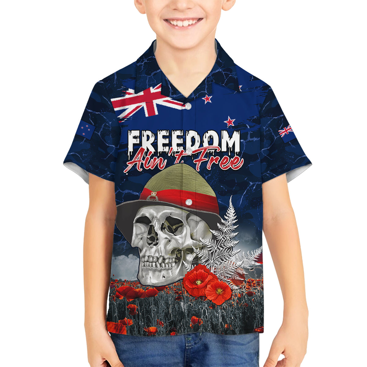 New Zealand ANZAC Day Family Matching Tank Maxi Dress and Hawaiian Shirt Freedom Ain't Free LT05 Son's Shirt Blue - Polynesian Pride
