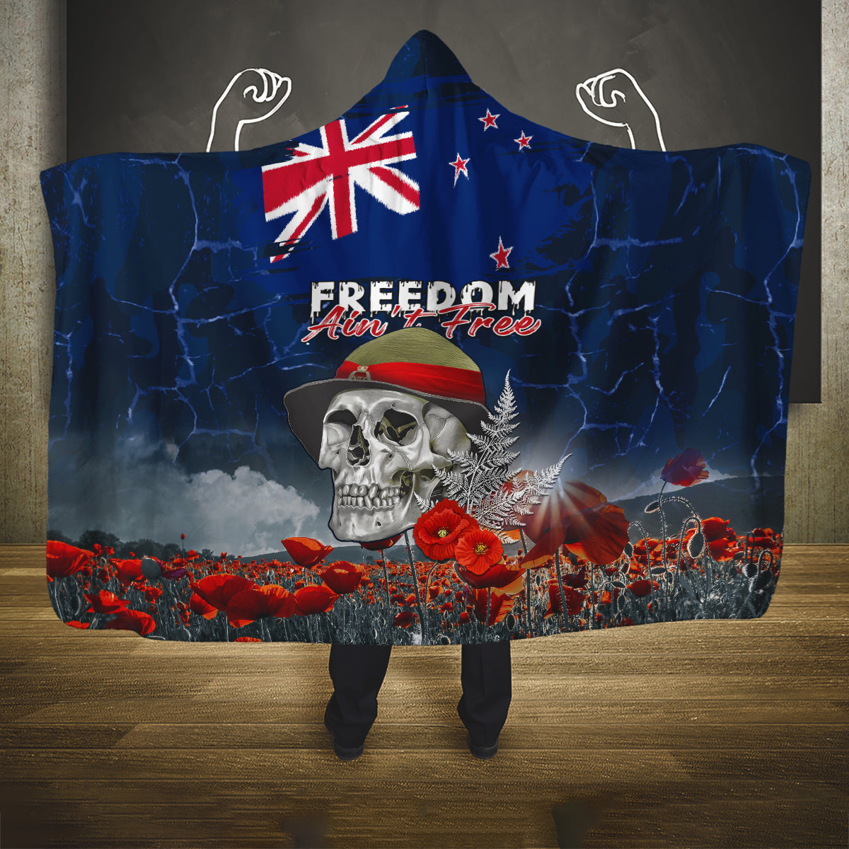 New Zealand ANZAC Day Hooded Blanket Freedom Ain't Free LT05 One Size Blue - Polynesian Pride